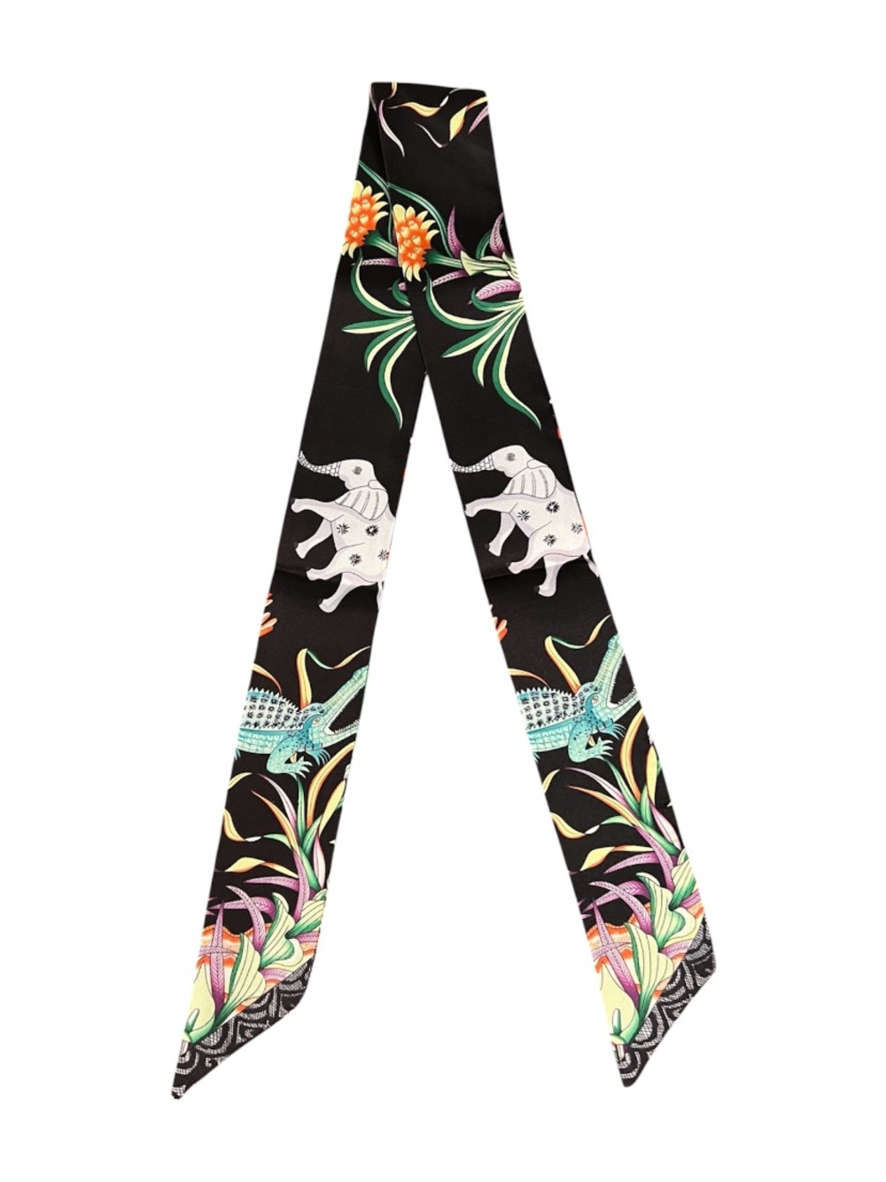 💐Hermes. Twilly Scarf Multi Color White Elephant Crocodile Paradise